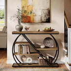 Console Lantine 41.3, Table d'entrée industrielle à 5 niveaux avec étagères de rangement et cadre en métal arqué, Table de couloir en bois pour hall d'entrée