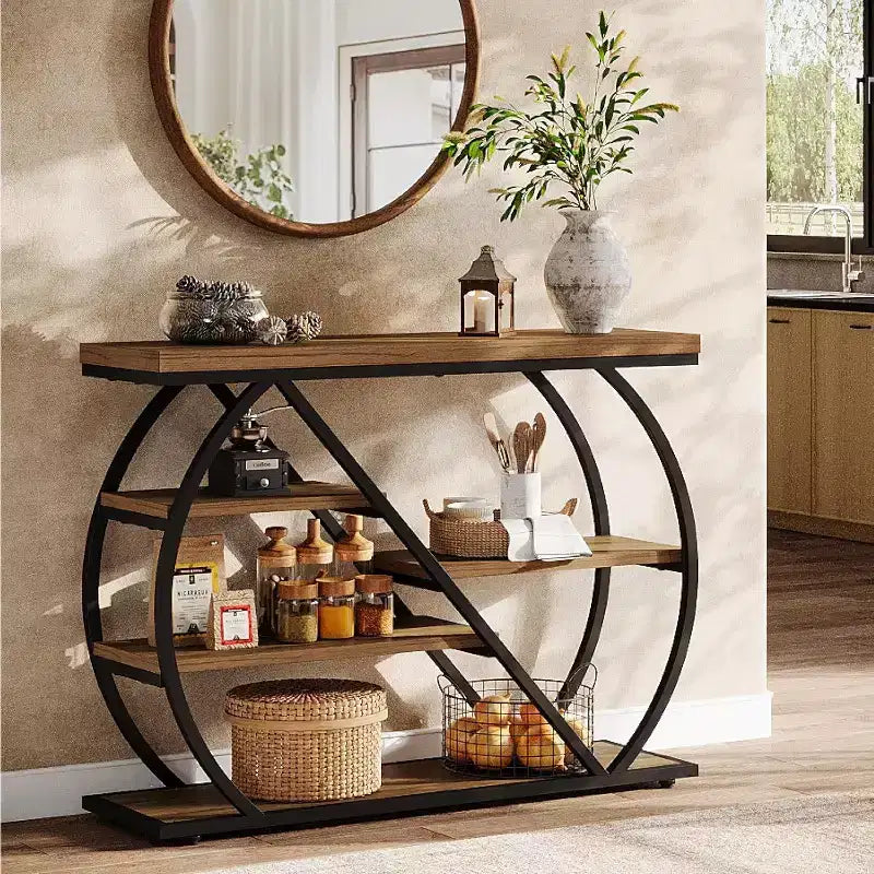 Console Lantine 41.3, Table d'entrée industrielle à 5 niveaux avec étagères de rangement et cadre en métal arqué, Table de couloir en bois pour hall d'entrée