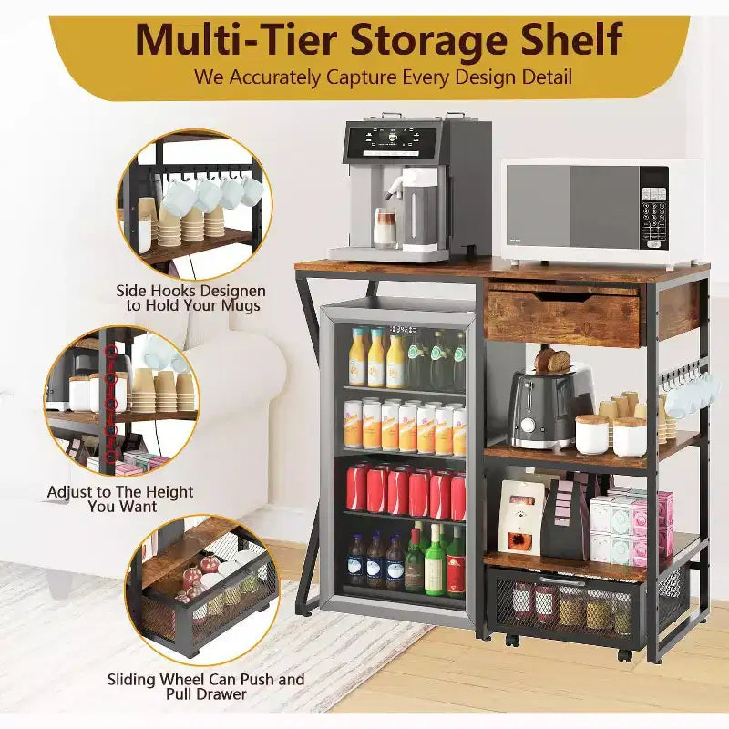 Support de mini-réfrigérateur de 105,9 cm avec rangement, support de micro-ondes à 3 niveaux et organisateur de bar à café avec prise de courant, robuste 72,6 kg