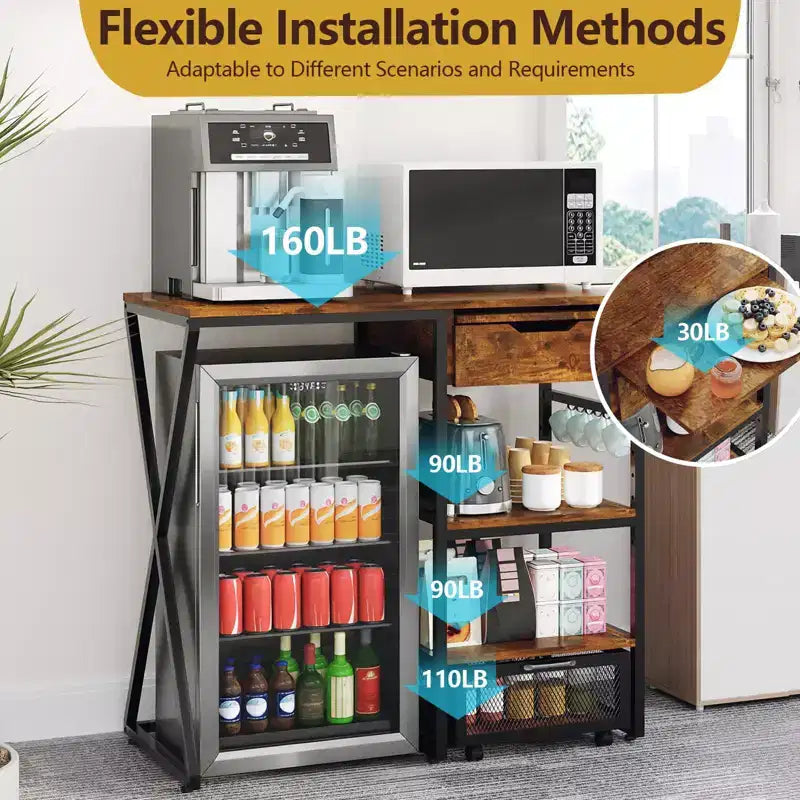 Support de mini-réfrigérateur de 105,9 cm avec rangement, support de micro-ondes à 3 niveaux et organisateur de bar à café avec prise de courant, robuste 72,6 kg