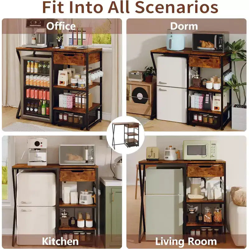Support de mini-réfrigérateur de 105,9 cm avec rangement, support de micro-ondes à 3 niveaux et organisateur de bar à café avec prise de courant, robuste 72,6 kg