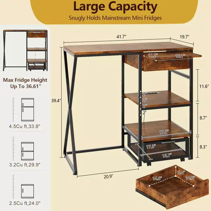 Support de mini-réfrigérateur de 105,9 cm avec rangement, support de micro-ondes à 3 niveaux et organisateur de bar à café avec prise de courant, robuste 72,6 kg