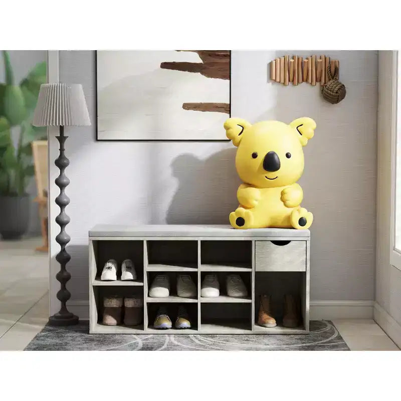 Banc de rangement FurnitureR avec coussin, tiroir et étagère à chaussures à 3 niveaux, banc de rangement à chaussures pour entrée, gris, 103,9 cm L