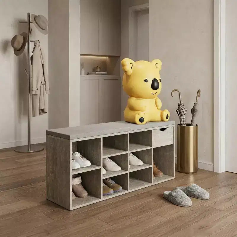 Banc de rangement FurnitureR avec coussin, tiroir et étagère à chaussures à 3 niveaux, banc de rangement à chaussures pour entrée, gris, 103,9 cm L