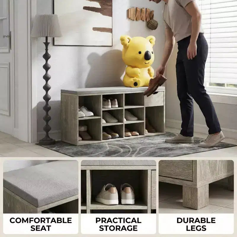 Banc de rangement FurnitureR avec coussin, tiroir et étagère à chaussures à 3 niveaux, banc de rangement à chaussures pour entrée, gris, 103,9 cm L