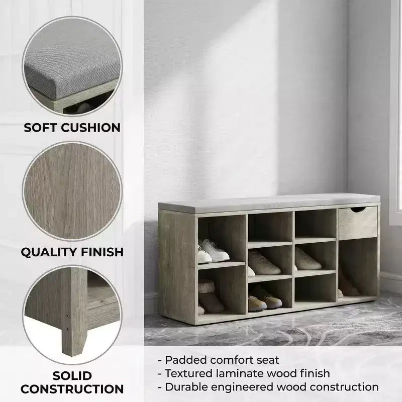 Banc de rangement FurnitureR avec coussin, tiroir et étagère à chaussures à 3 niveaux, banc de rangement à chaussures pour entrée, gris, 103,9 cm L