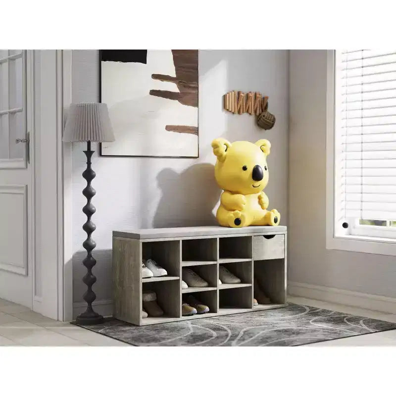 Banc de rangement FurnitureR avec coussin, tiroir et étagère à chaussures à 3 niveaux, banc de rangement à chaussures pour entrée, gris, 103,9 cm L