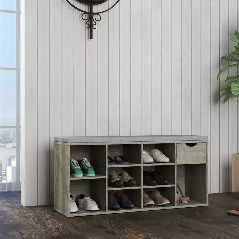 Banc de rangement FurnitureR avec coussin, tiroir et étagère à chaussures à 3 niveaux, banc de rangement à chaussures pour entrée, gris, 103,9 cm L