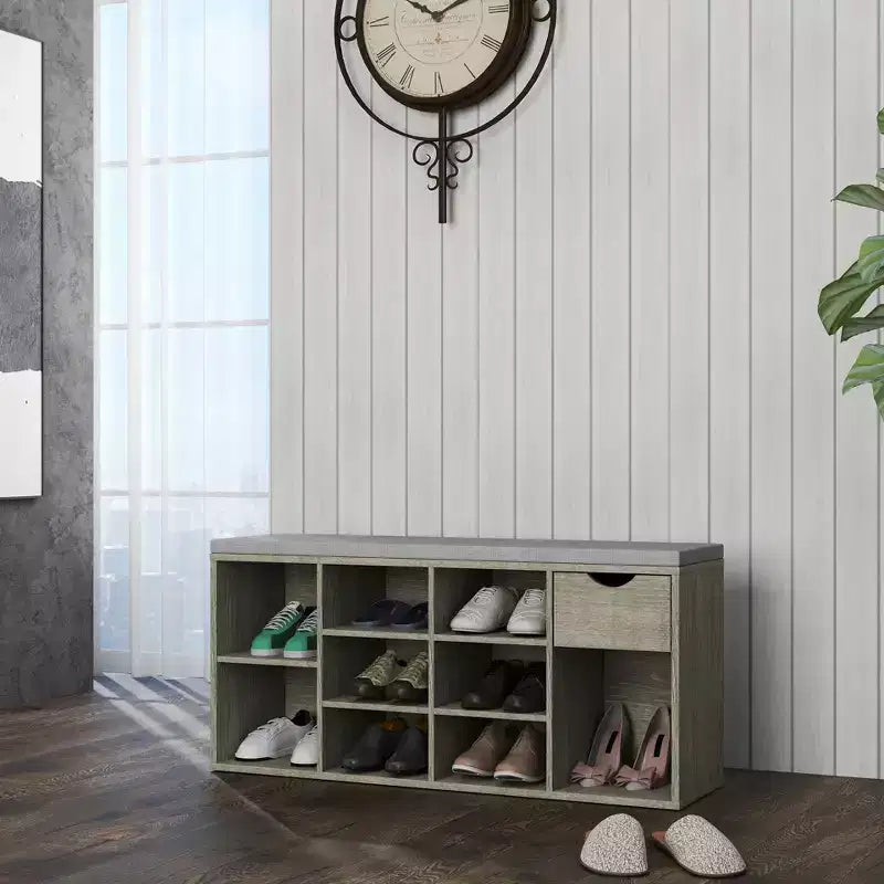 Banc de rangement FurnitureR avec coussin, tiroir et étagère à chaussures à 3 niveaux, banc de rangement à chaussures pour entrée, gris, 103,9 cm L