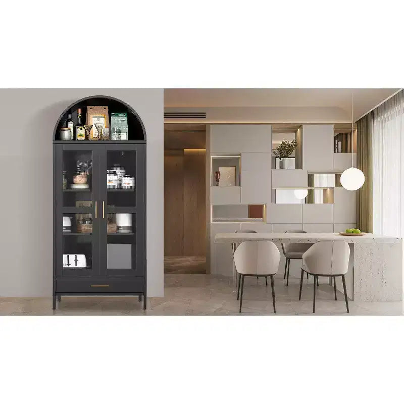COZONY 73" Armoire de Rangement Métal Arqué avec Portes en Verre et Tiroirs, Buffet Haut de Cuisine/Garde-Manger avec Étagères Réglables