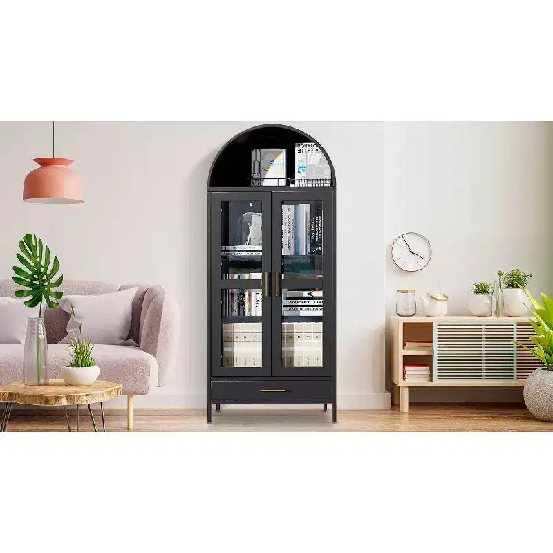 COZONY 73" Armoire de Rangement Métal Arqué avec Portes en Verre et Tiroirs, Buffet Haut de Cuisine/Garde-Manger avec Étagères Réglables
