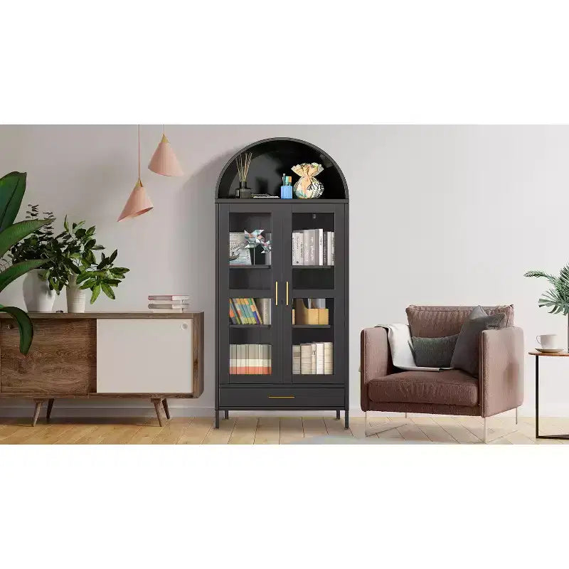 COZONY 73" Armoire de Rangement Métal Arqué avec Portes en Verre et Tiroirs, Buffet Haut de Cuisine/Garde-Manger avec Étagères Réglables
