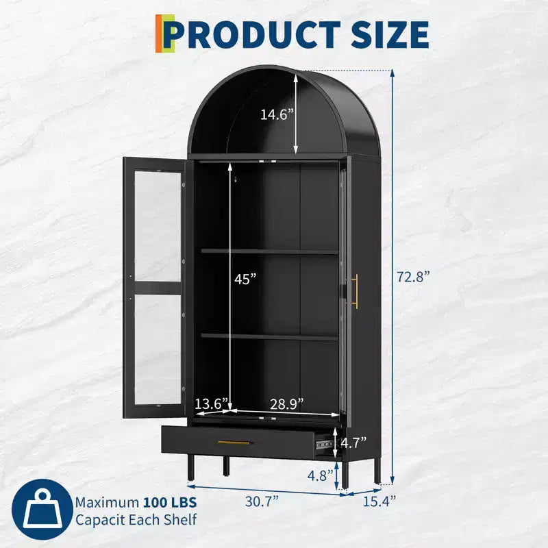 COZONY 73" Armoire de Rangement Métal Arqué avec Portes en Verre et Tiroirs, Buffet Haut de Cuisine/Garde-Manger avec Étagères Réglables