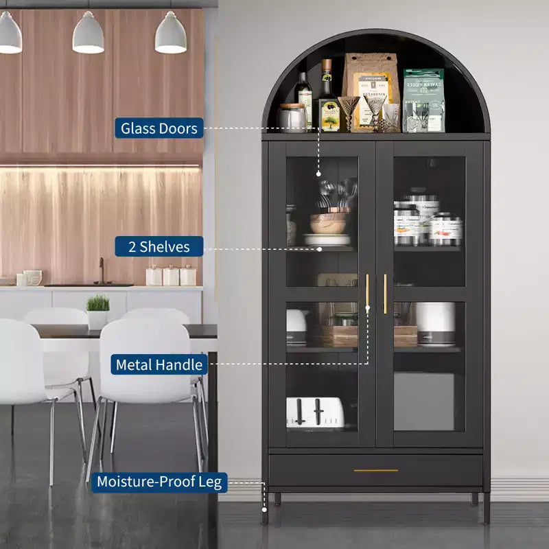 COZONY 73" Armoire de Rangement Métal Arqué avec Portes en Verre et Tiroirs, Buffet Haut de Cuisine/Garde-Manger avec Étagères Réglables
