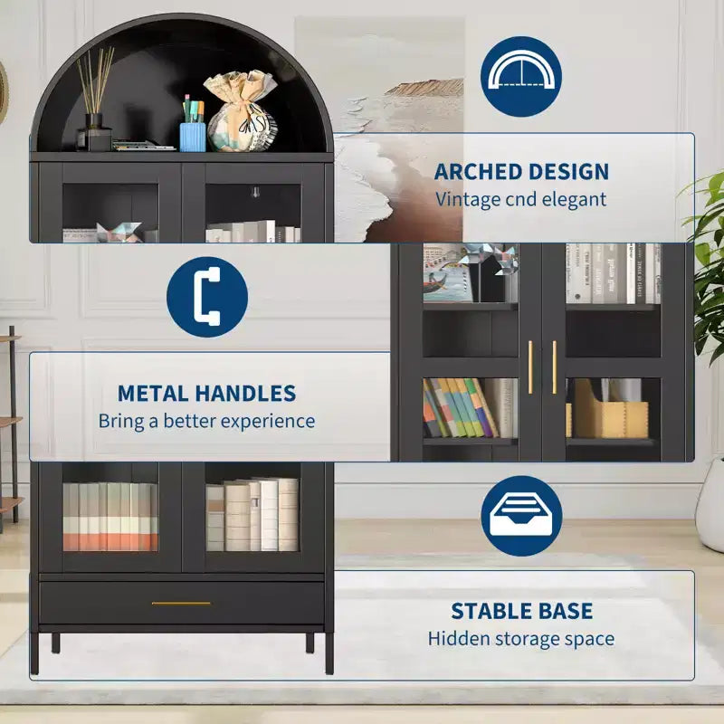 COZONY 73" Armoire de Rangement Métal Arqué avec Portes en Verre et Tiroirs, Buffet Haut de Cuisine/Garde-Manger avec Étagères Réglables