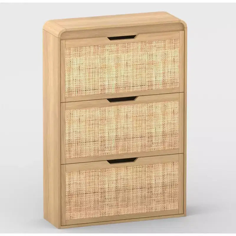 Boho Rattan Shoe Cabinet Narrow Shoe Storage Cabinet with 3 Flip Drawers Hidden Freestanding Shoe Rack Organizer for Entryway Slim, Hallway