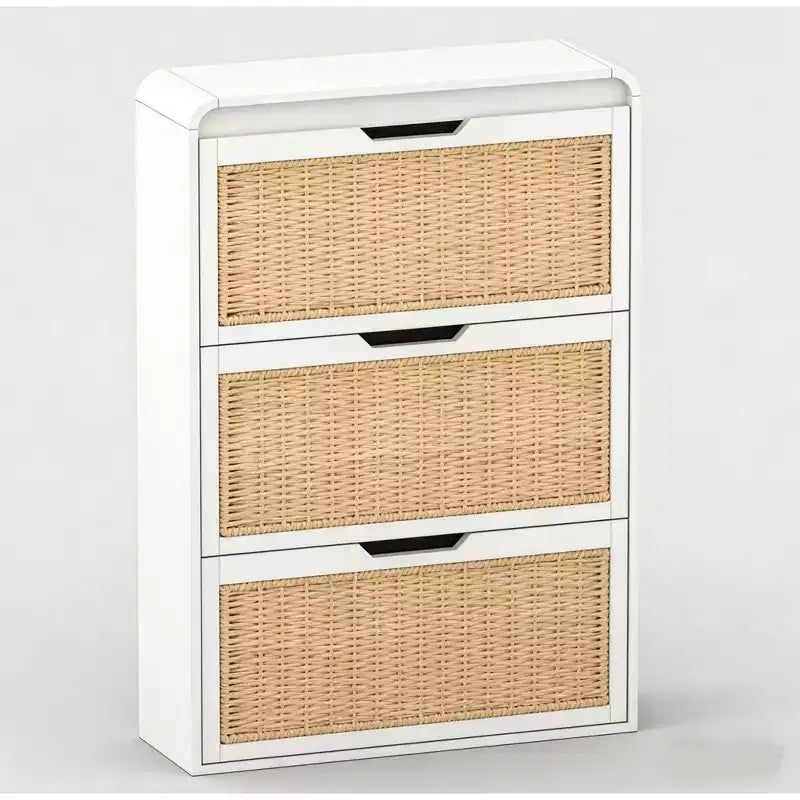 Meuble à chaussures étroit en rotin bohème avec 3 tiroirs basculants Meuble à chaussures autonome dissimulé Organisateur de chaussures mince pour entrée, couloir