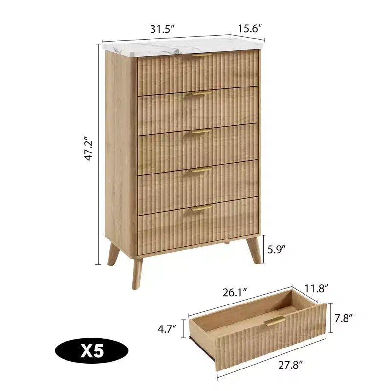 47,2 po de haut Commode flûtée à 5 tiroirs pour Chambre, Commode en Bois Moderne avec Plateau en Faux Marbre et Profil Courbé pour Salon et Couloir