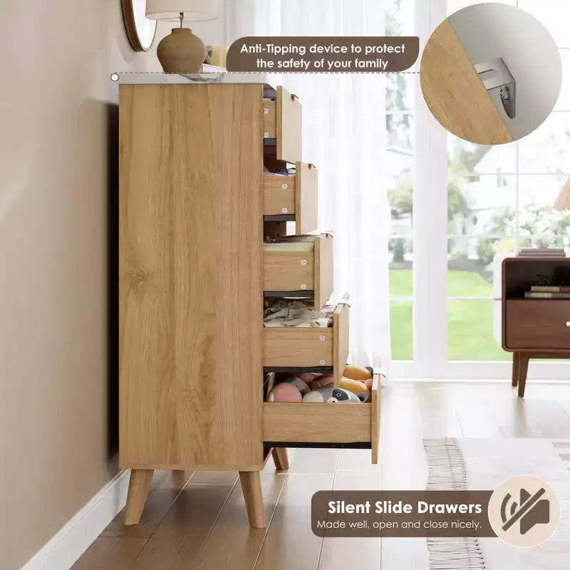 47,2 po de haut Commode flûtée à 5 tiroirs pour Chambre, Commode en Bois Moderne avec Plateau en Faux Marbre et Profil Courbé pour Salon et Couloir