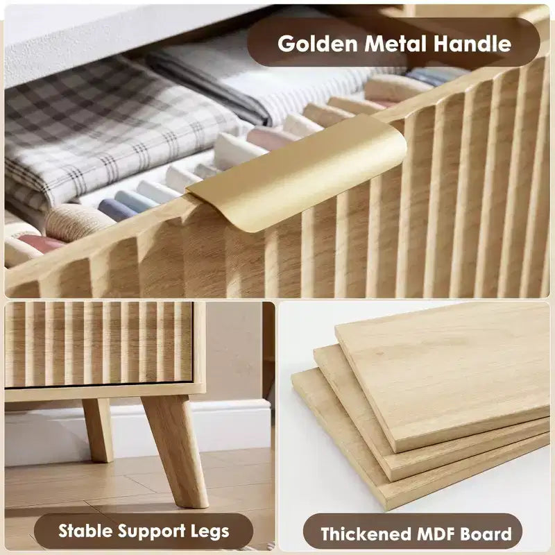 47,2 po de haut Commode flûtée à 5 tiroirs pour Chambre, Commode en Bois Moderne avec Plateau en Faux Marbre et Profil Courbé pour Salon et Couloir