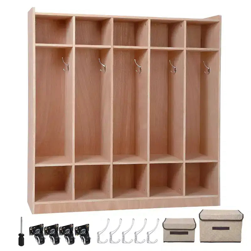 5 Section Wooden Kids Coat Locker Cubby, 5 Sections, 5 Hooks, 4 Wheels, and 2 Storage Boxes, for Home, School