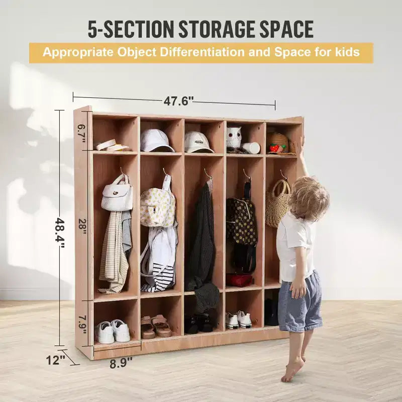 Vestiaire à 5 sections en bois pour enfants, 5 sections, 5 crochets, 4 roues et 2 bacs de rangement, pour la maison et l'école