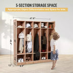 Vestiaire à 5 sections en bois pour enfants, 5 sections, 5 crochets, 4 roues et 2 bacs de rangement, pour la maison et l'école