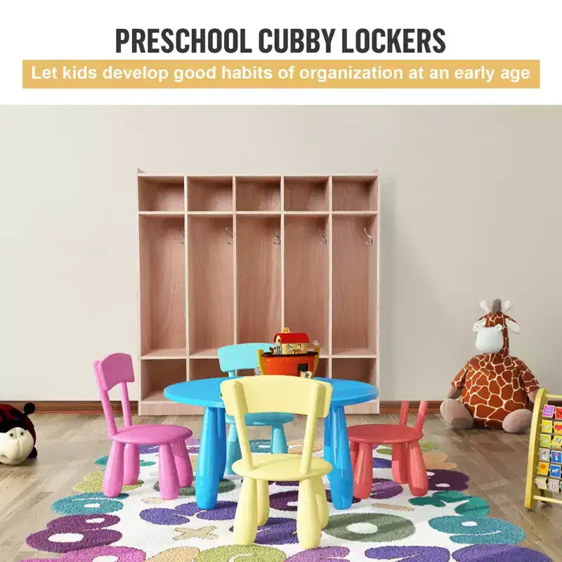 Vestiaire à 5 sections en bois pour enfants, 5 sections, 5 crochets, 4 roues et 2 bacs de rangement, pour la maison et l'école