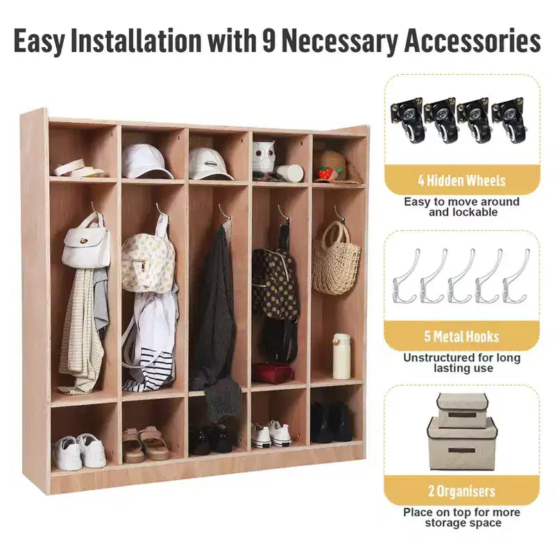 Vestiaire à 5 sections en bois pour enfants, 5 sections, 5 crochets, 4 roues et 2 bacs de rangement, pour la maison et l'école