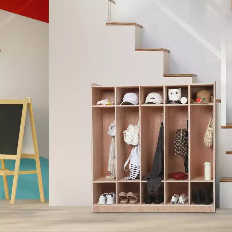 Vestiaire à 5 sections en bois pour enfants, 5 sections, 5 crochets, 4 roues et 2 bacs de rangement, pour la maison et l'école