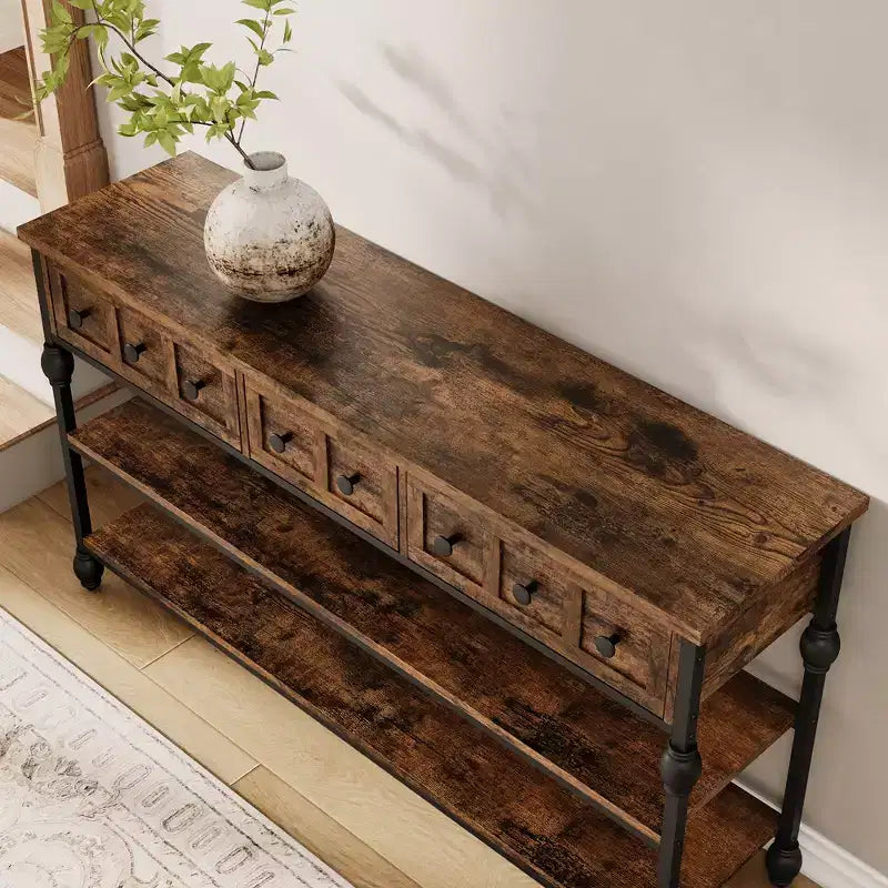 Consoles de 52,5 pouces pour entrée avec 3 tiroirs, table de canapé industrielle à 3 niveaux avec cadre en métal et pieds colonnes romaines pour couloir, salon, foyer