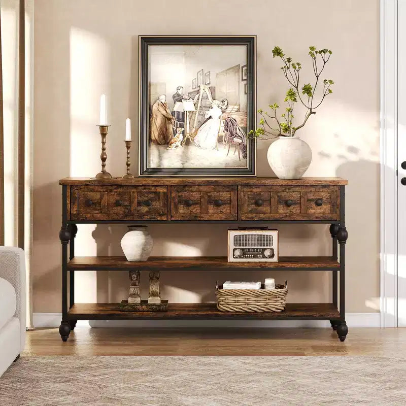 Consoles de 52,5 pouces pour entrée avec 3 tiroirs, table de canapé industrielle à 3 niveaux avec cadre en métal et pieds colonnes romaines pour couloir, salon, foyer