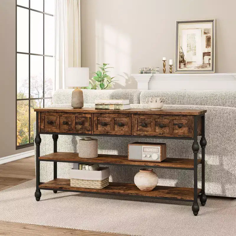 Consoles de 52,5 pouces pour entrée avec 3 tiroirs, table de canapé industrielle à 3 niveaux avec cadre en métal et pieds colonnes romaines pour couloir, salon, foyer
