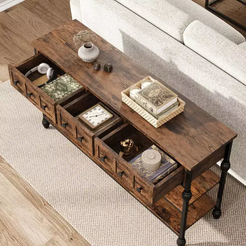 Consoles de 52,5 pouces pour entrée avec 3 tiroirs, table de canapé industrielle à 3 niveaux avec cadre en métal et pieds colonnes romaines pour couloir, salon, foyer