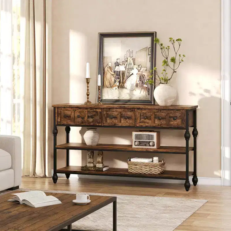 Consoles de 52,5 pouces pour entrée avec 3 tiroirs, table de canapé industrielle à 3 niveaux avec cadre en métal et pieds colonnes romaines pour couloir, salon, foyer