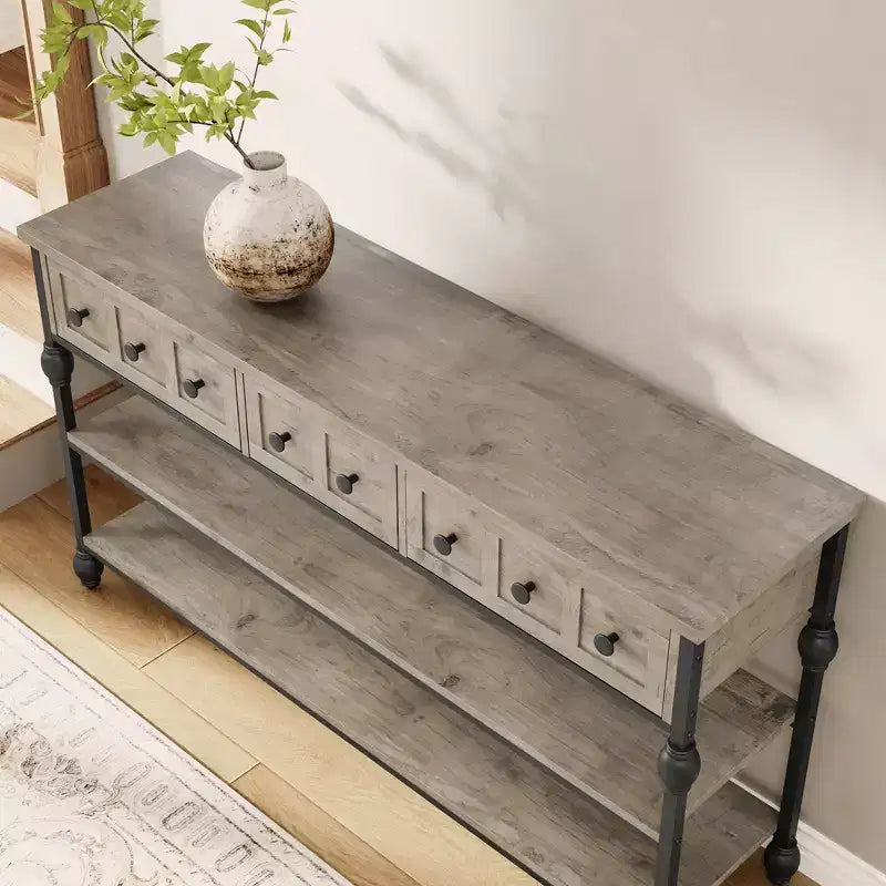 Consoles de 52,5 pouces pour entrée avec 3 tiroirs, table de canapé industrielle à 3 niveaux avec cadre en métal et pieds colonnes romaines pour couloir, salon, foyer