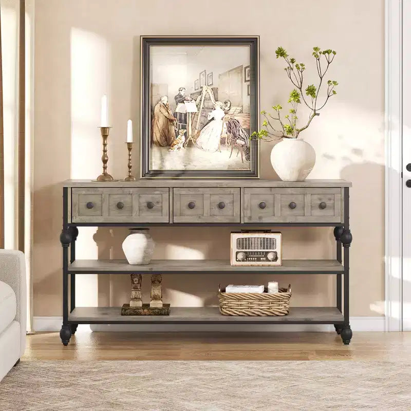 Consoles de 52,5 pouces pour entrée avec 3 tiroirs, table de canapé industrielle à 3 niveaux avec cadre en métal et pieds colonnes romaines pour couloir, salon, foyer