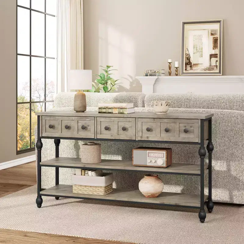 Consoles de 52,5 pouces pour entrée avec 3 tiroirs, table de canapé industrielle à 3 niveaux avec cadre en métal et pieds colonnes romaines pour couloir, salon, foyer