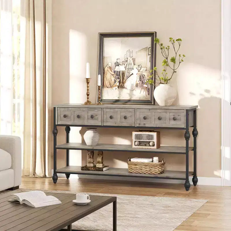Consoles de 52,5 pouces pour entrée avec 3 tiroirs, table de canapé industrielle à 3 niveaux avec cadre en métal et pieds colonnes romaines pour couloir, salon, foyer