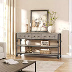 Consoles de 52,5 pouces pour entrée avec 3 tiroirs, table de canapé industrielle à 3 niveaux avec cadre en métal et pieds colonnes romaines pour couloir, salon, foyer