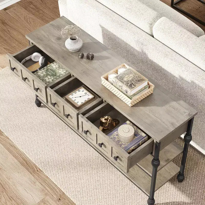 Consoles de 52,5 pouces pour entrée avec 3 tiroirs, table de canapé industrielle à 3 niveaux avec cadre en métal et pieds colonnes romaines pour couloir, salon, foyer
