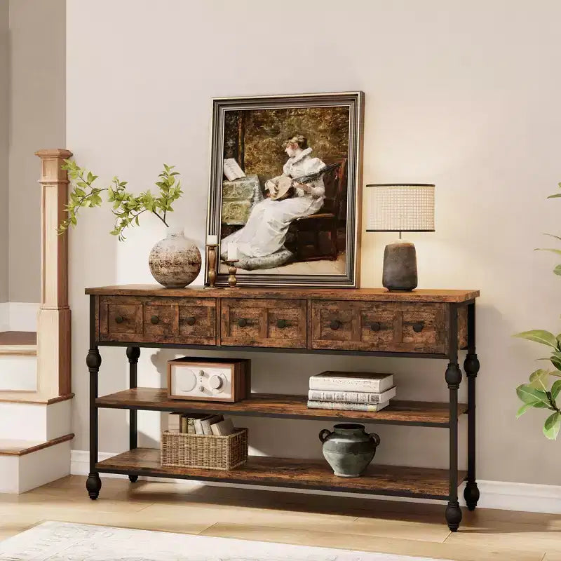 Consoles de 52,5 pouces pour entrée avec 3 tiroirs, table de canapé industrielle à 3 niveaux avec cadre en métal et pieds colonnes romaines pour couloir, salon, foyer