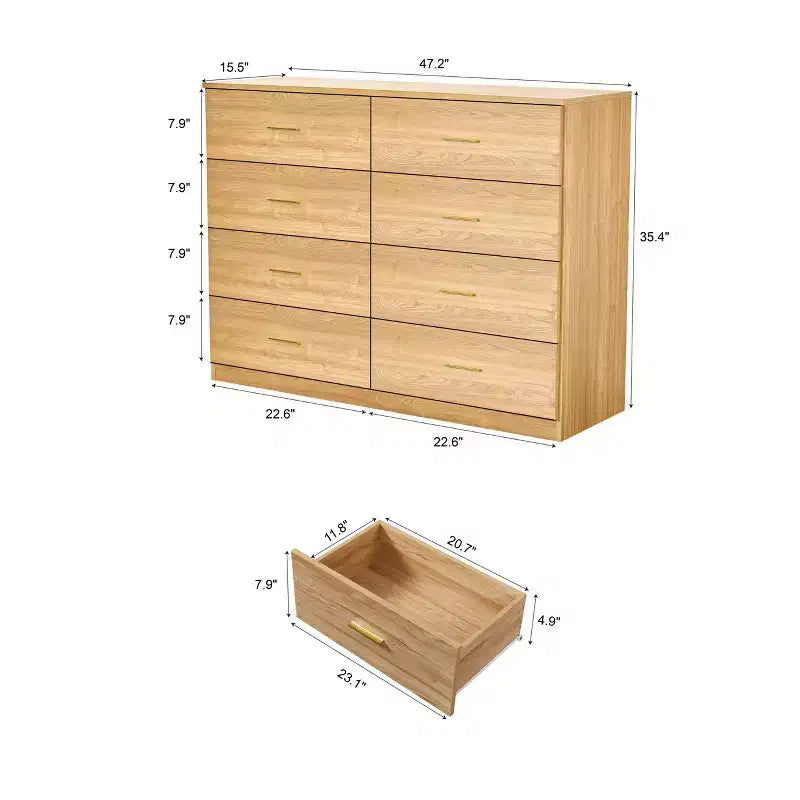 Commode moderne en bois naturel à 8 tiroirs pour chambre à coucher - Grande capacité de rangement, robuste et sûre