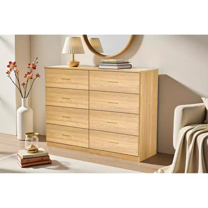 Commode moderne en bois naturel à 8 tiroirs pour chambre à coucher - Grande capacité de rangement, robuste et sûre