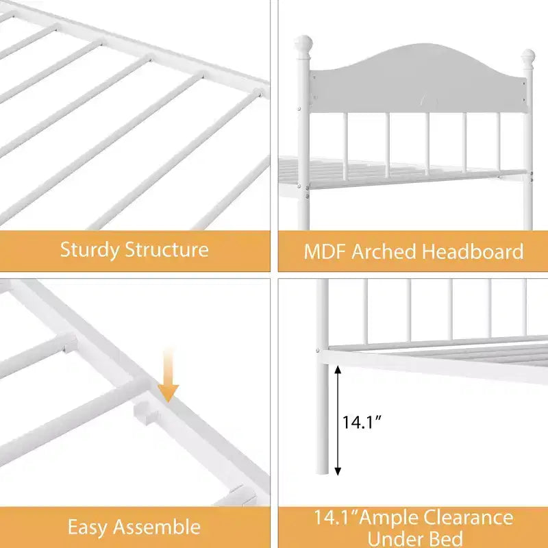 Canapé-lit, lit de repos double en métal avec tête de lit élégante, espace de rangement sous le lit, plateforme à lattes en acier pour salon, chambre à coucher, blanc