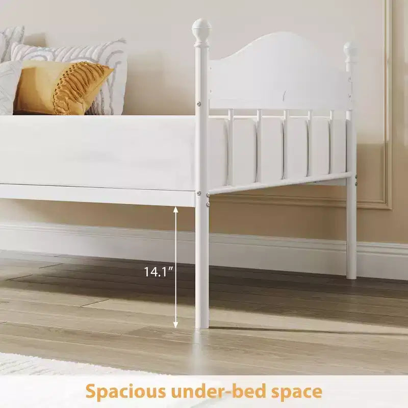 Canapé-lit, lit de repos double en métal avec tête de lit élégante, espace de rangement sous le lit, plateforme à lattes en acier pour salon, chambre à coucher, blanc