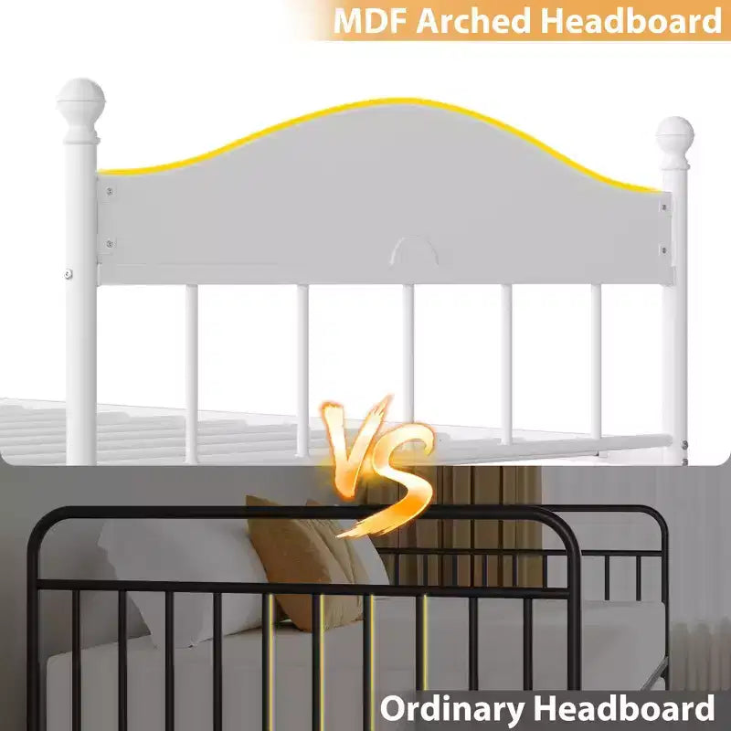 Canapé-lit, lit de repos double en métal avec tête de lit élégante, espace de rangement sous le lit, plateforme à lattes en acier pour salon, chambre à coucher, blanc