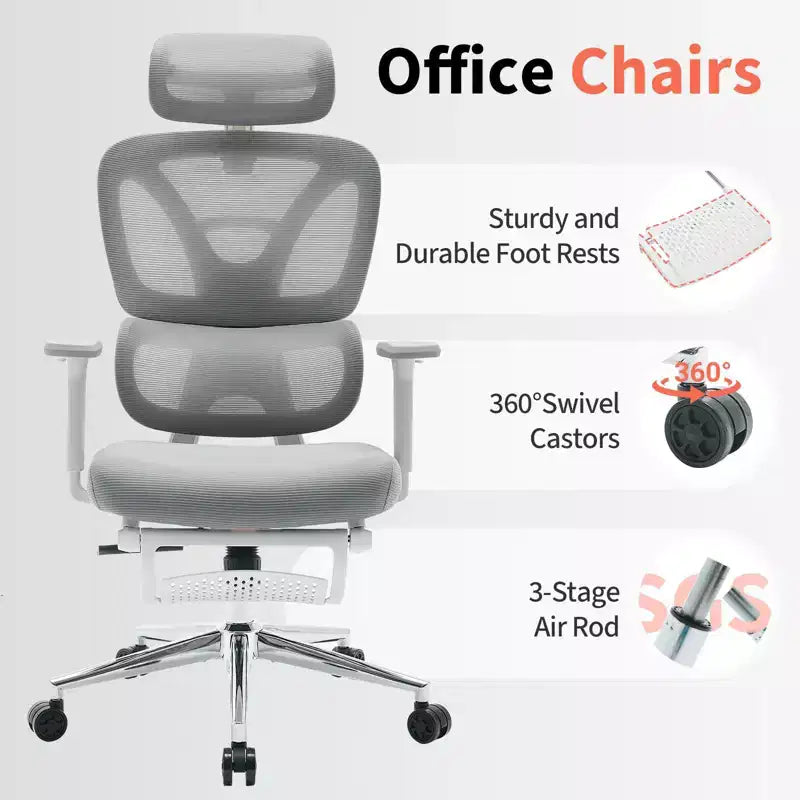 Chaise de Bureau Ergonomique, Chaise d'Ordinateur Confortable avec Appuie-tête Rembourré Ajustable, Support Lombaire Confortable et Accoudoir 3D, Chaises de Jeu, Gris