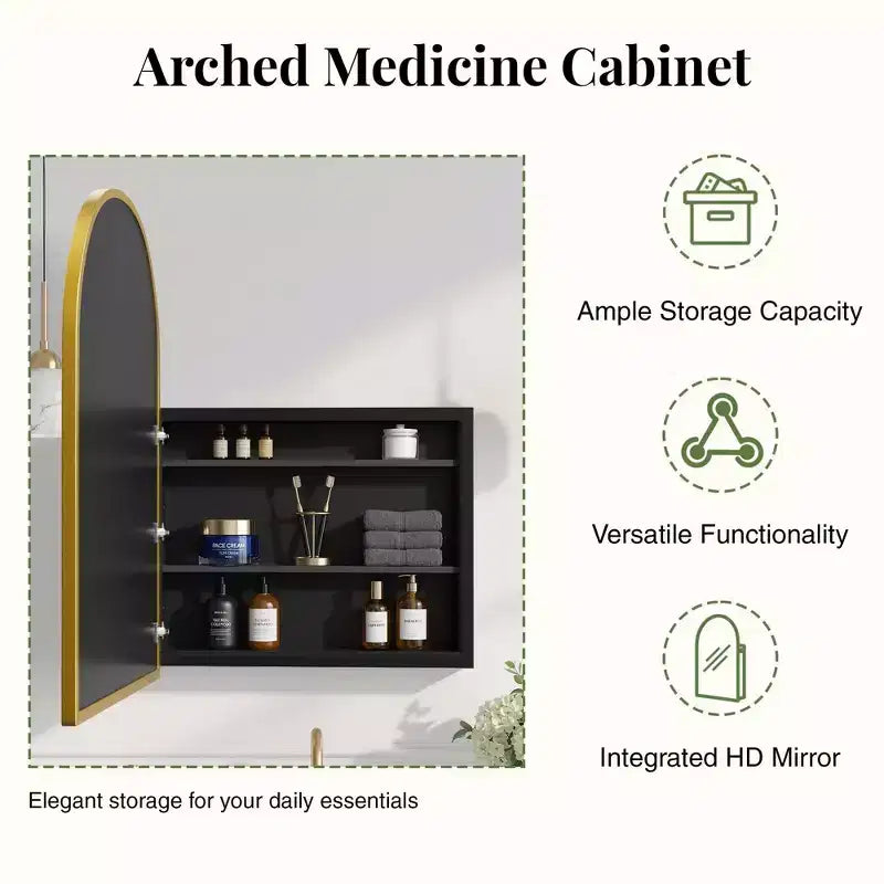 Armoire à pharmacie arquée avec miroir Armoire de toilette encastrée ou en surface Meuble de lavabo mural avec étagères réglables HD sans distorsion