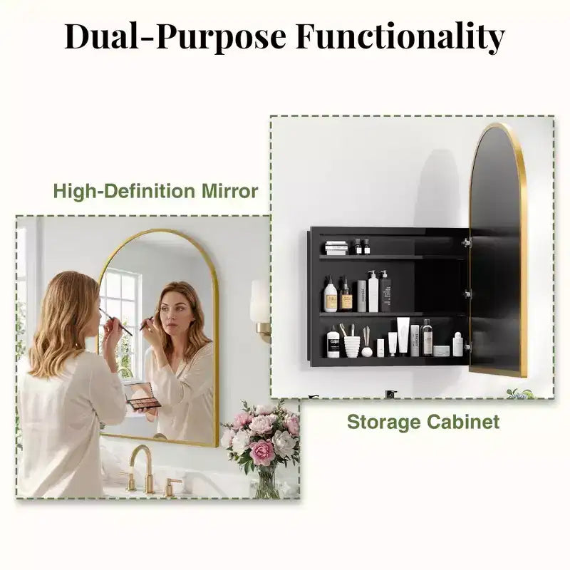 Armoire à pharmacie arquée avec miroir Armoire de toilette encastrée ou en surface Meuble de lavabo mural avec étagères réglables HD sans distorsion